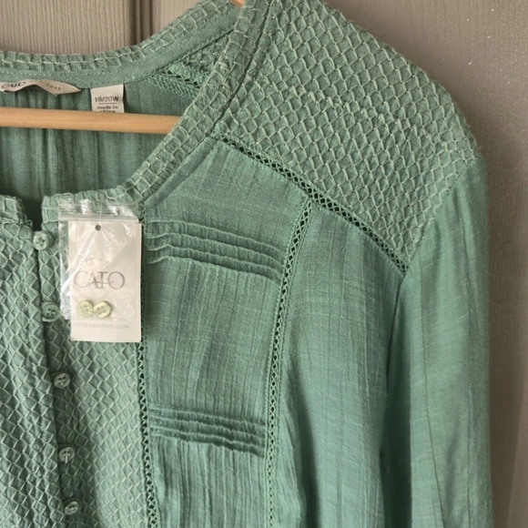 Cato Popover Blouse Sz 18/20 Plus Green Womens Cap 3/4 Sleeves Eyelet Dainty - Picture 9 of 12